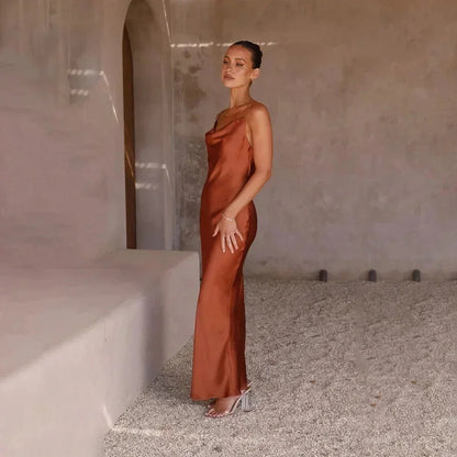 Calliope | Elegant Satin Cowl Neck Slip Bias Cut Evening Maxi Dress