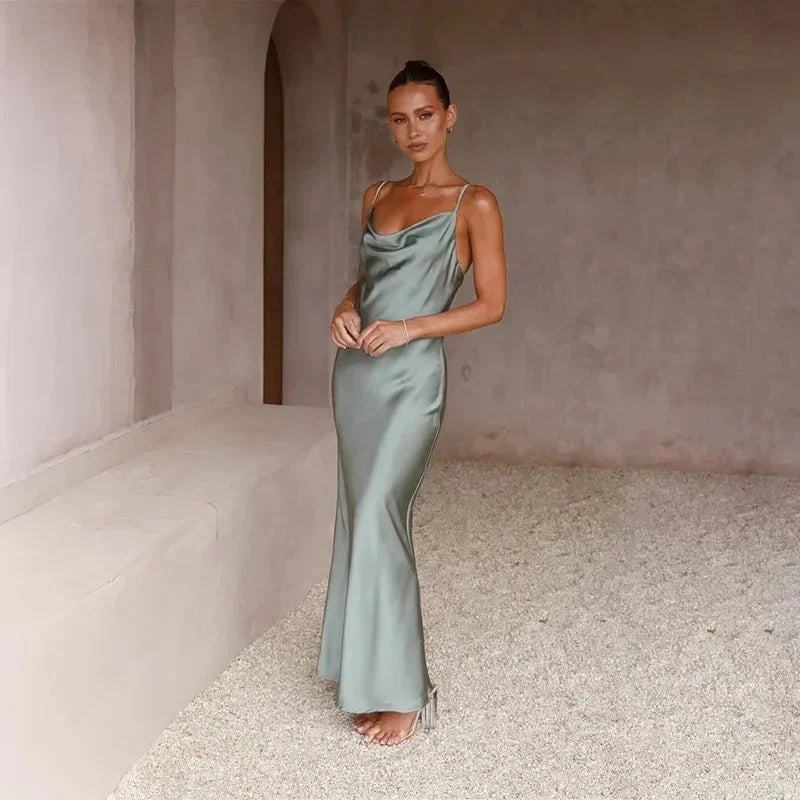 Calliope | Elegant Satin Cowl Neck Slip Bias Cut Evening Maxi Dress