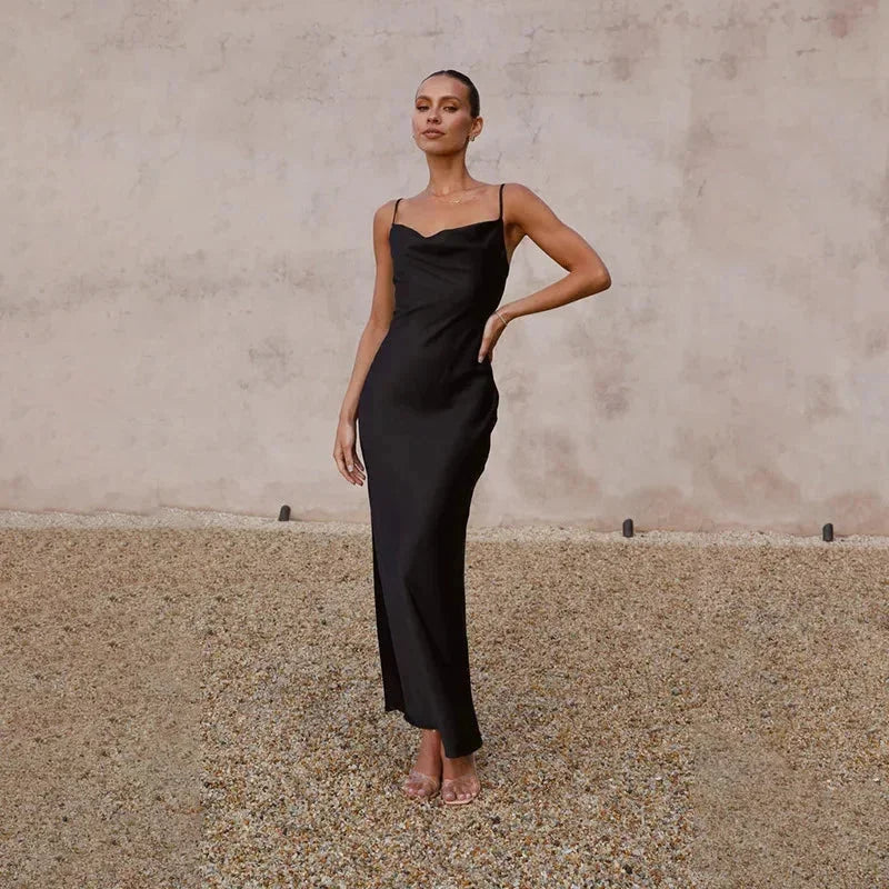 Calliope | Elegant Satin Cowl Neck Slip Bias Cut Evening Maxi Dress