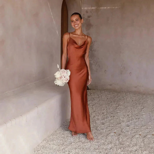 Calliope | Elegant Satin Cowl Neck Slip Bias Cut Evening Maxi Dress