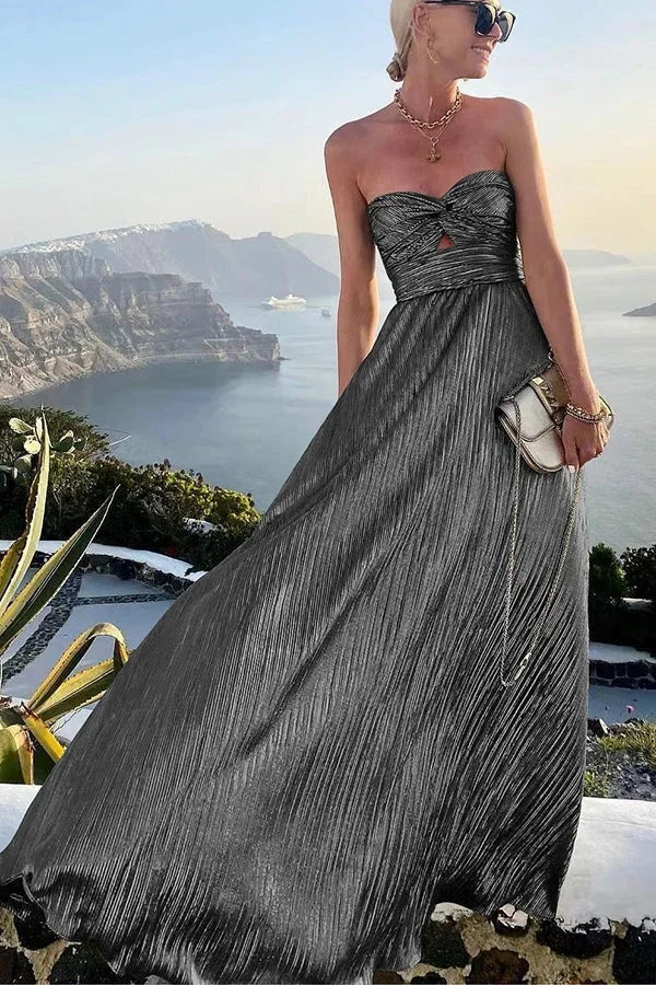 Theodora | Glam Shimmer Pleated Strapless Twist Evening Maxi Dress