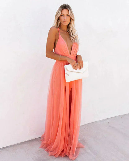 Damiana | Ethereal Tulle V Neck Backless Flowy Evening Maxi Dress