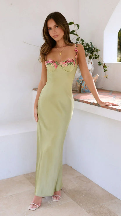 Carmelina | Romantic Satin Floral Embroidered Sweetheart Slip Maxi Dress