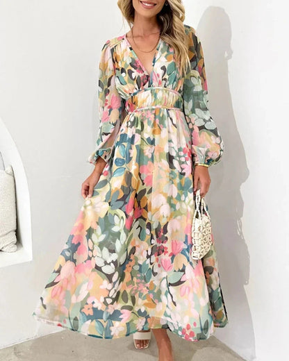 Brenta | Boho Chiffon Floral V Neck Long Sleeve Spring Maxi Dress