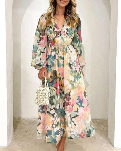 Brenta | Boho Chiffon Floral V Neck Long Sleeve Spring Maxi Dress
