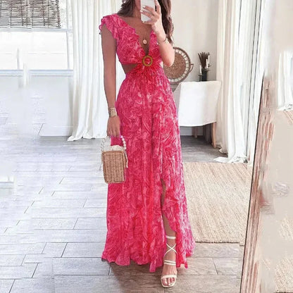 Ginevra | Floral V Neck Cutout Short Sleeve Summer Maxi Dress