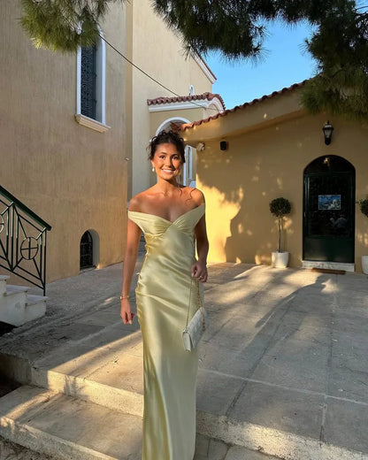 Fiammetta | Elegant Satin Off Shoulder Bodycon Evening Maxi Dress