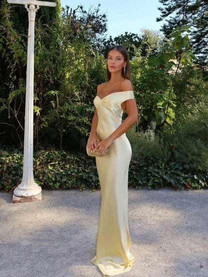 Fiammetta | Elegant Satin Off Shoulder Bodycon Evening Maxi Dress