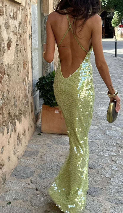 Iolana | Glam Sequined Scoop Neck Strappy Backless Evening Maxi Dress