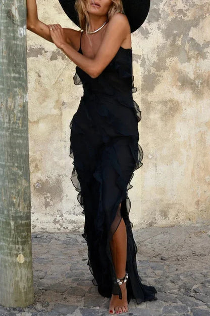 Rosalba | Boho Chiffon Ruffled V Neck High Slit Summer Maxi Dress