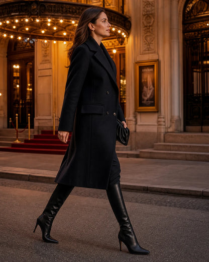Women's black pointed-toe stiletto knee-high boots, refined evening view.