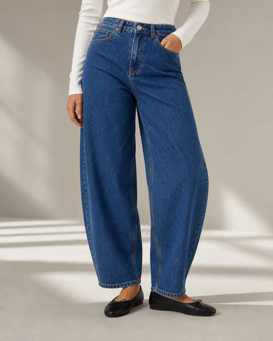 Women's high-rise barrel jeans in Medium blue, hero view. — womens-barrel-jeans-medium-blue-01-hero.webp