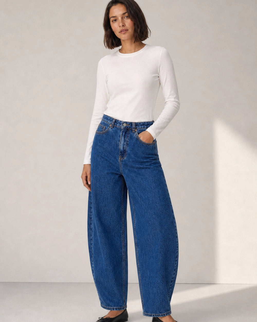 Women's high-rise barrel jeans in Medium blue, styling view. — womens-barrel-jeans-medium-blue-07-styling.webp