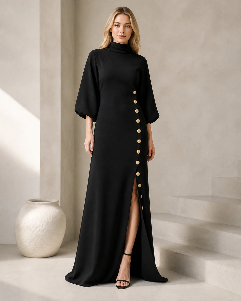 Women’s black maxi dress with gold buttons, full-length front view