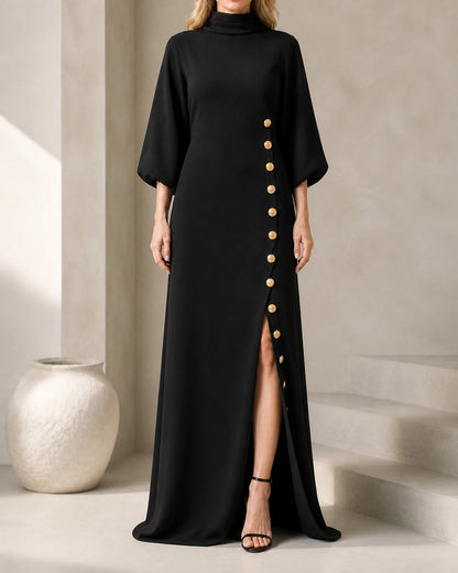 Women’s black maxi dress, straight front fit view