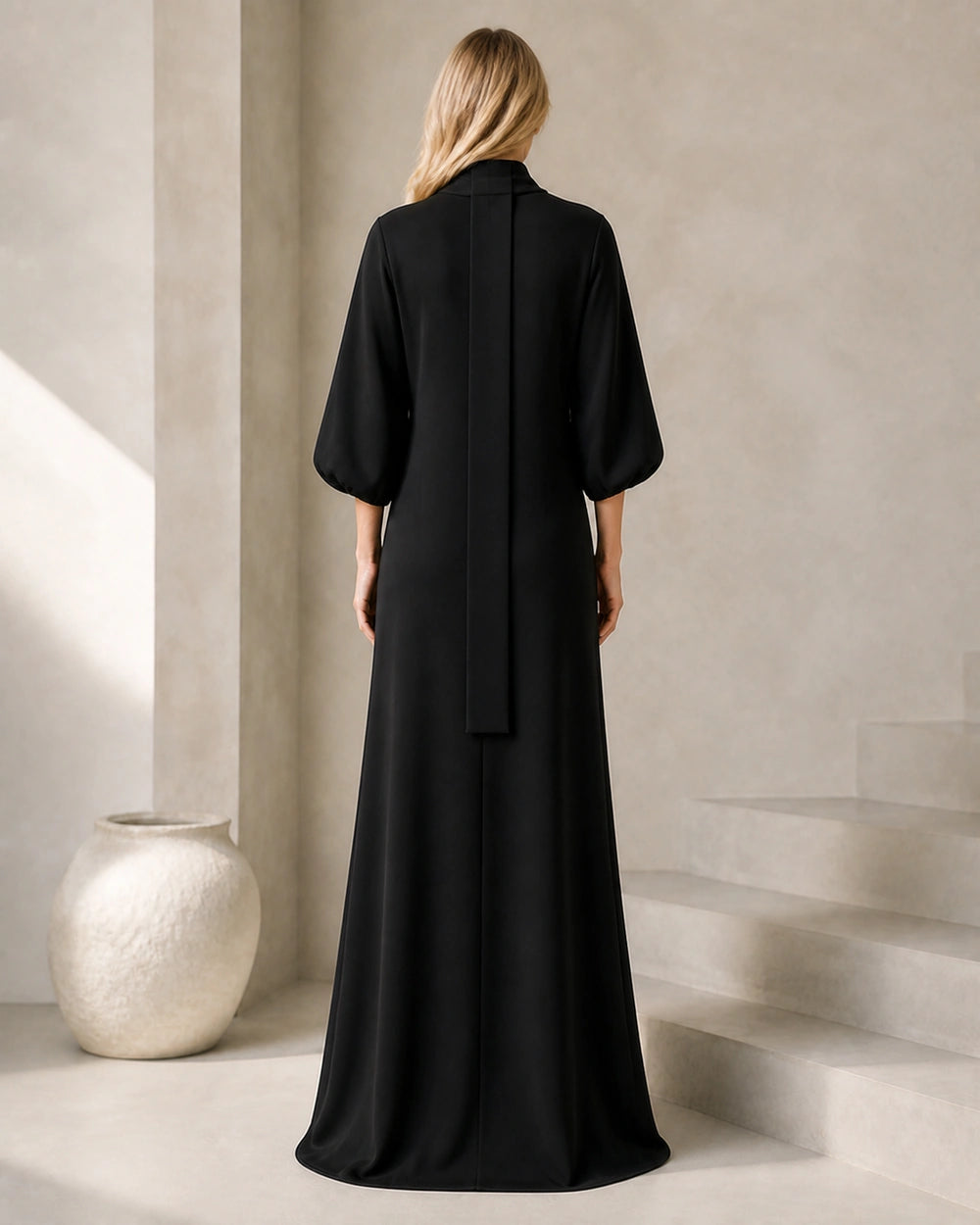 Women’s black maxi dress, rear view with long neck sash
