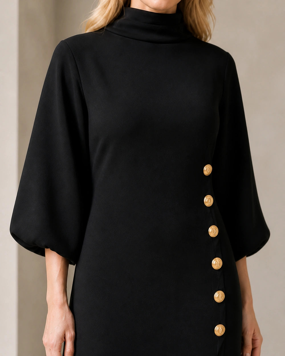Black maxi dress mock neck, puff sleeve and gold button detail