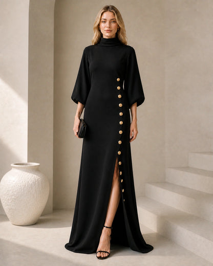 Women’s black maxi dress with gold buttons, evening styling view