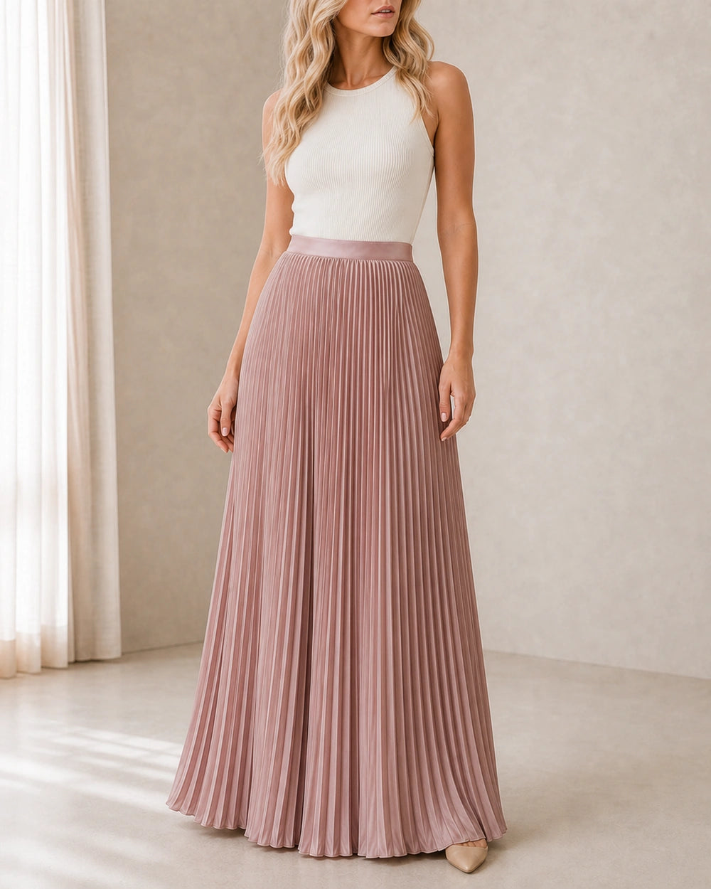 Women's Pleated Flowing Maxi Skirt — image 4 — womens-pleated-maxi-skirt-pink-04-front-side.webp