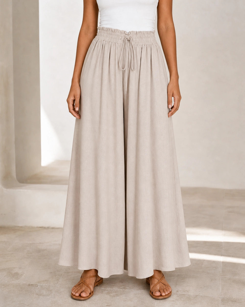 Women's high-waist wide-leg trousers in Apricot, front view. — womens-wide-leg-trousers-apricot-03-front.webp